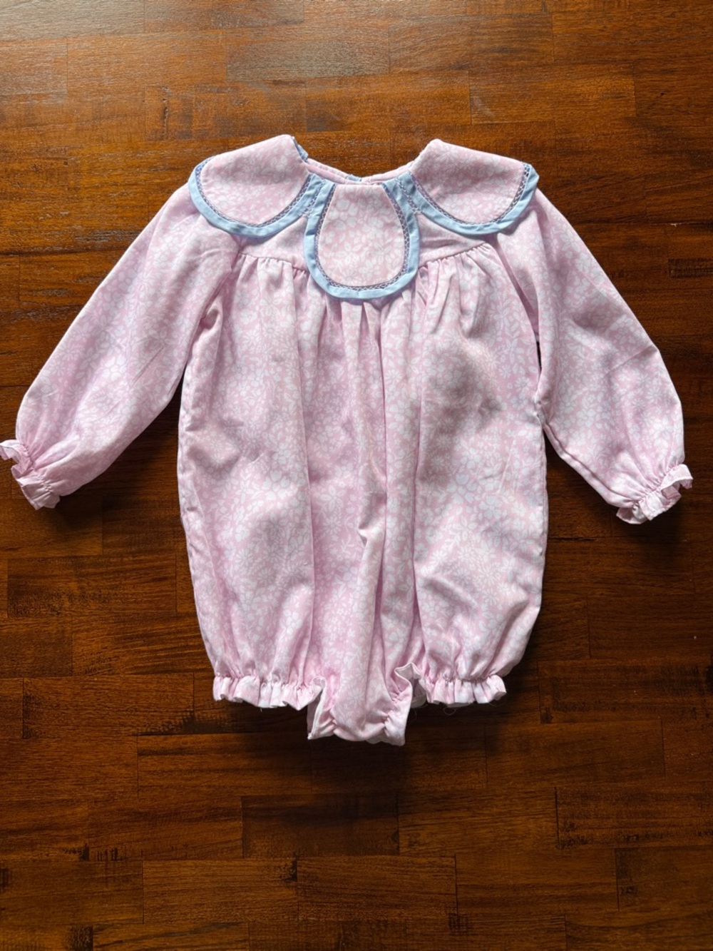 Pink Floral Long-Sleeve Bubble Romper with Blue-Trim Peter Pan Collar